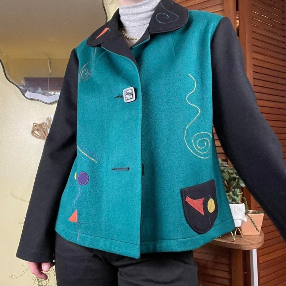 Vintage 80s Teal Geometric Patterned wool blazer